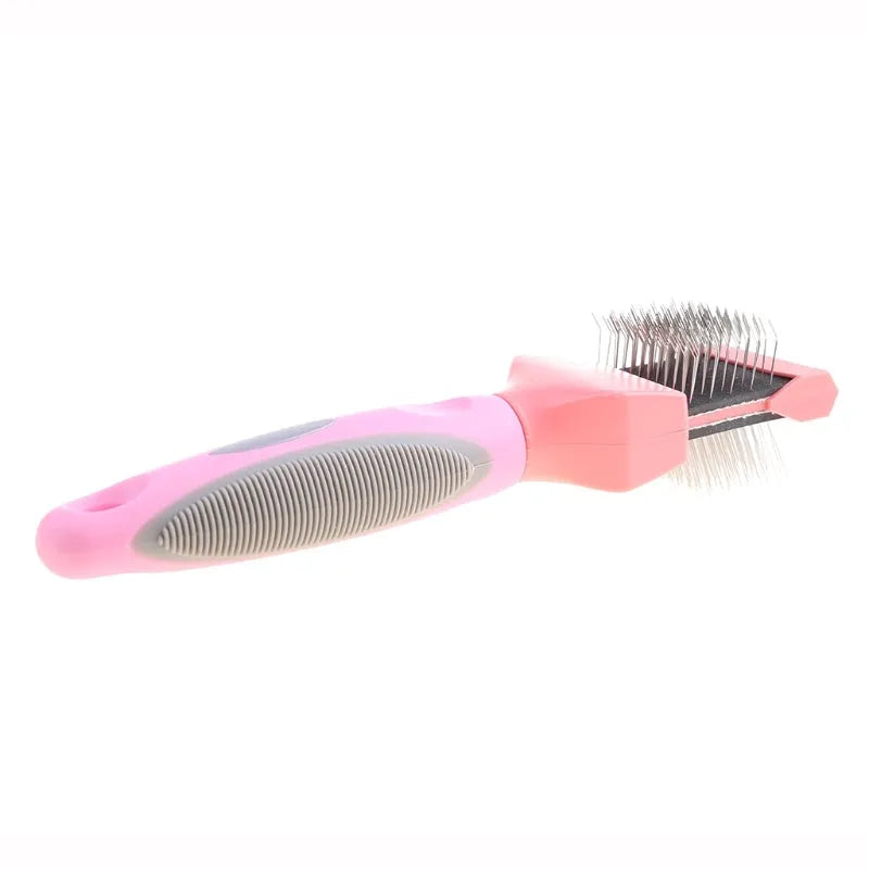 Double-sided pet brush with stainless steel pins and ABS handle in blue or pink colours