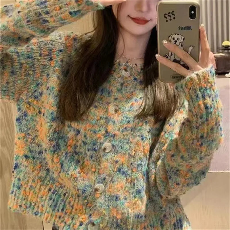 Rainbow pattern acrylic knitted cardigan in pink or green ice cream colours with slim fit
