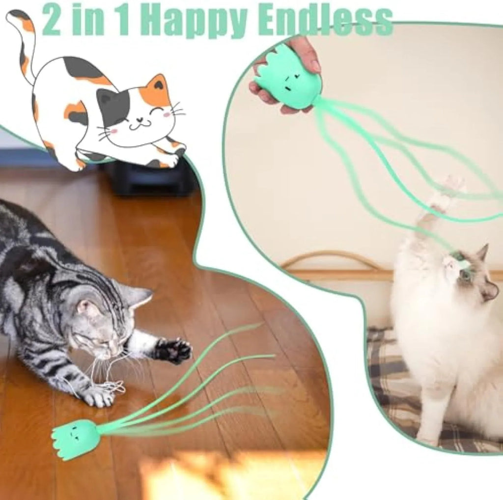 Electronic cat wand toy with multiple swinging silicone tails in green colour