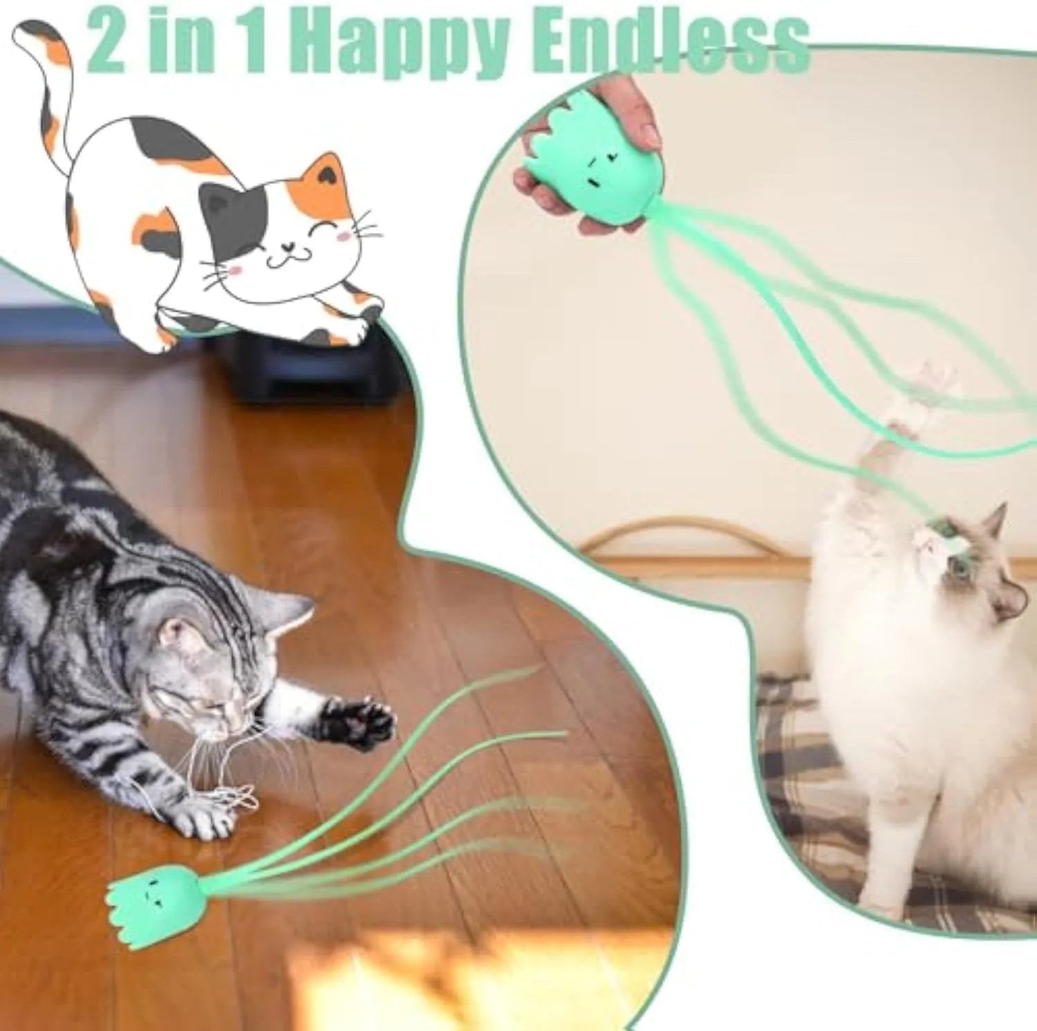 Electronic cat wand toy with multiple swinging silicone tails in green colour