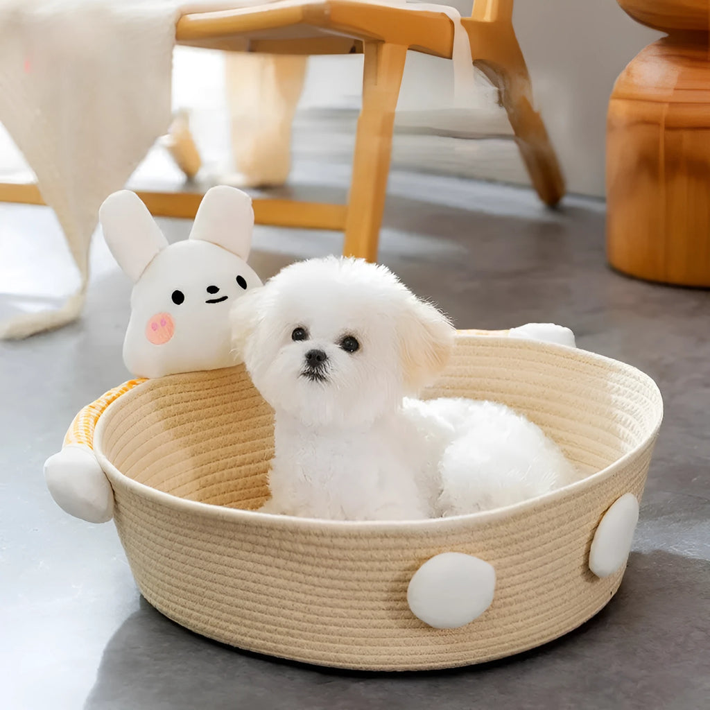 Woven cotton rope cat bed basket with scratching board in rabbit pattern design