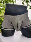 Men's solid colour breathable boxer shorts in white, black, grey, army green, and brown on a size chart.