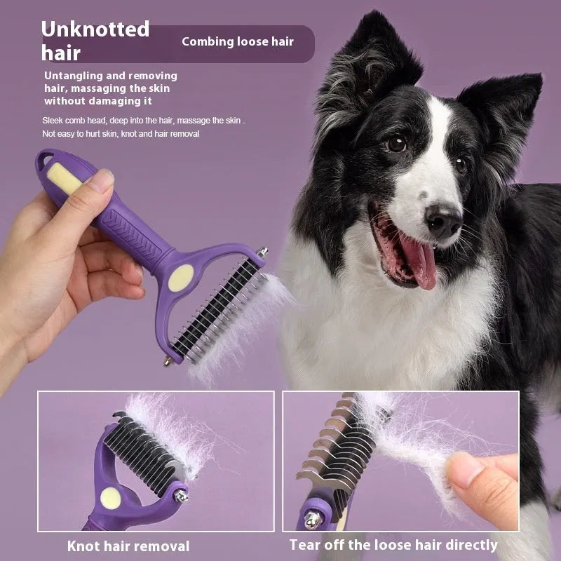 Purple plastic double-sided pet comb for removing knots from dog or cat fur.