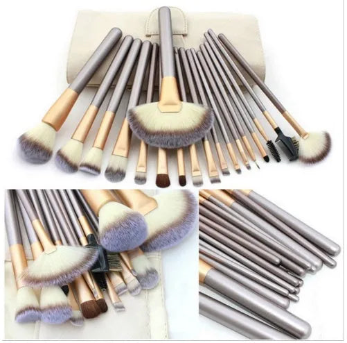 Persian makeup brush set with champagne handles and rice white bristles in 12, 18 or 24 piece options