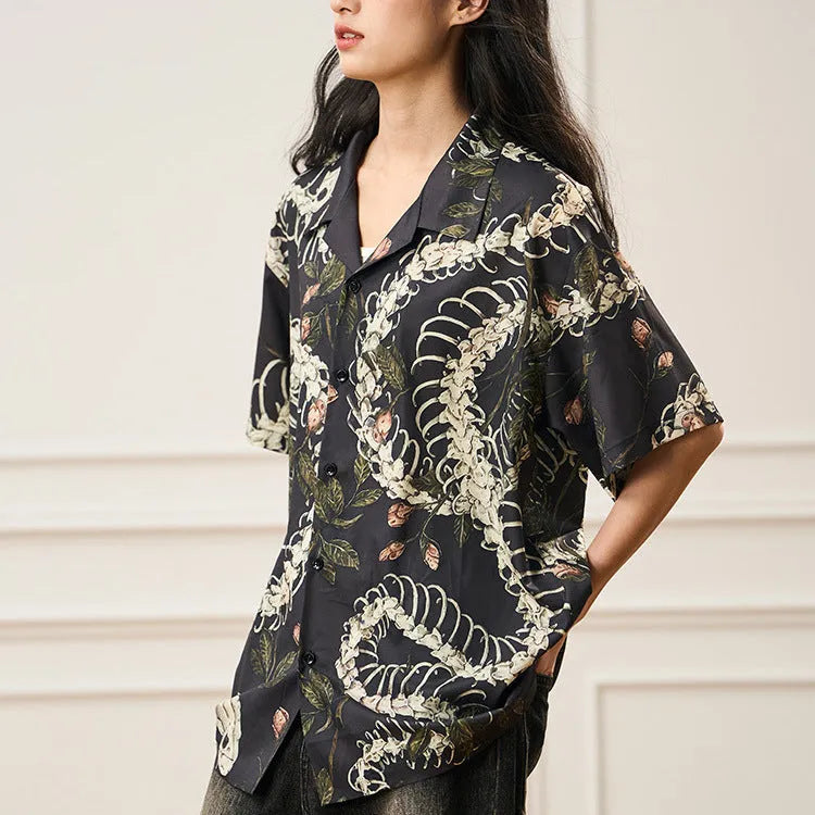 Snake bone floral pattern printed Cuban collar short sleeve shirt in loose fit casual style