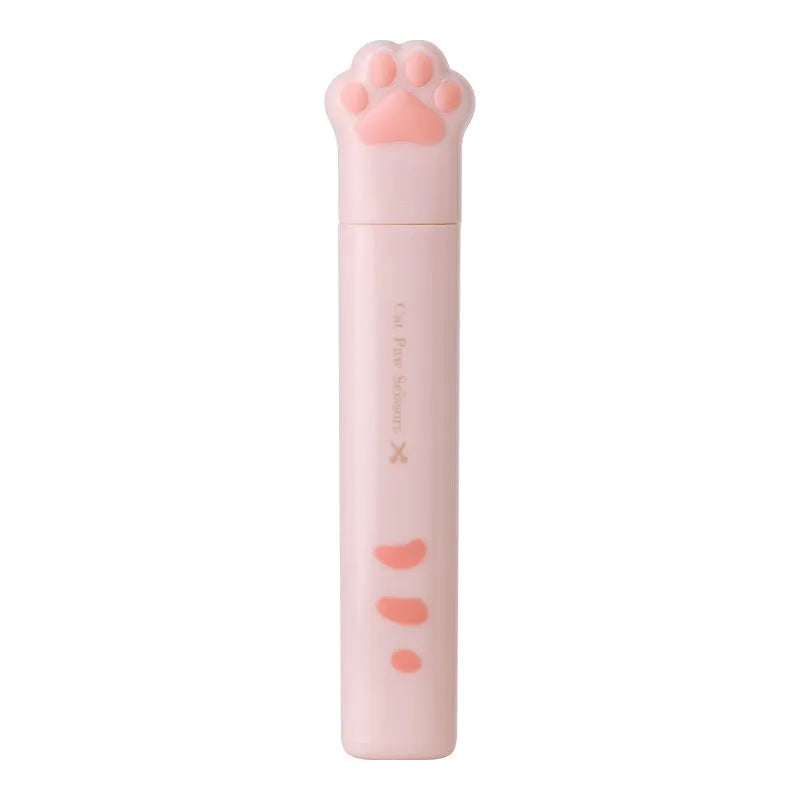 Closed folding mini scissors with cat paw design on handles in blue, pink, black, and white colour options.