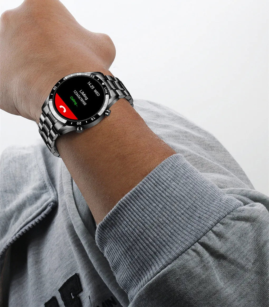 Stainless steel smart watch with a black band and a 1.3-inch touch screen display.