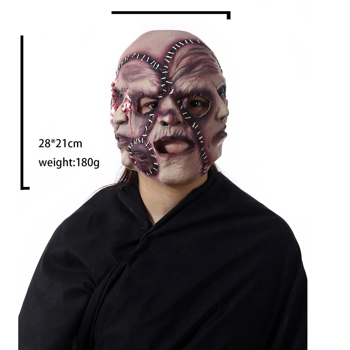 Three-sided grimace horror mask showing realistic facial texture made from natural latex