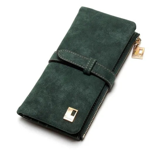 Korean retro matte leather long wallet open showing card slots, phone pocket, and two-fold design