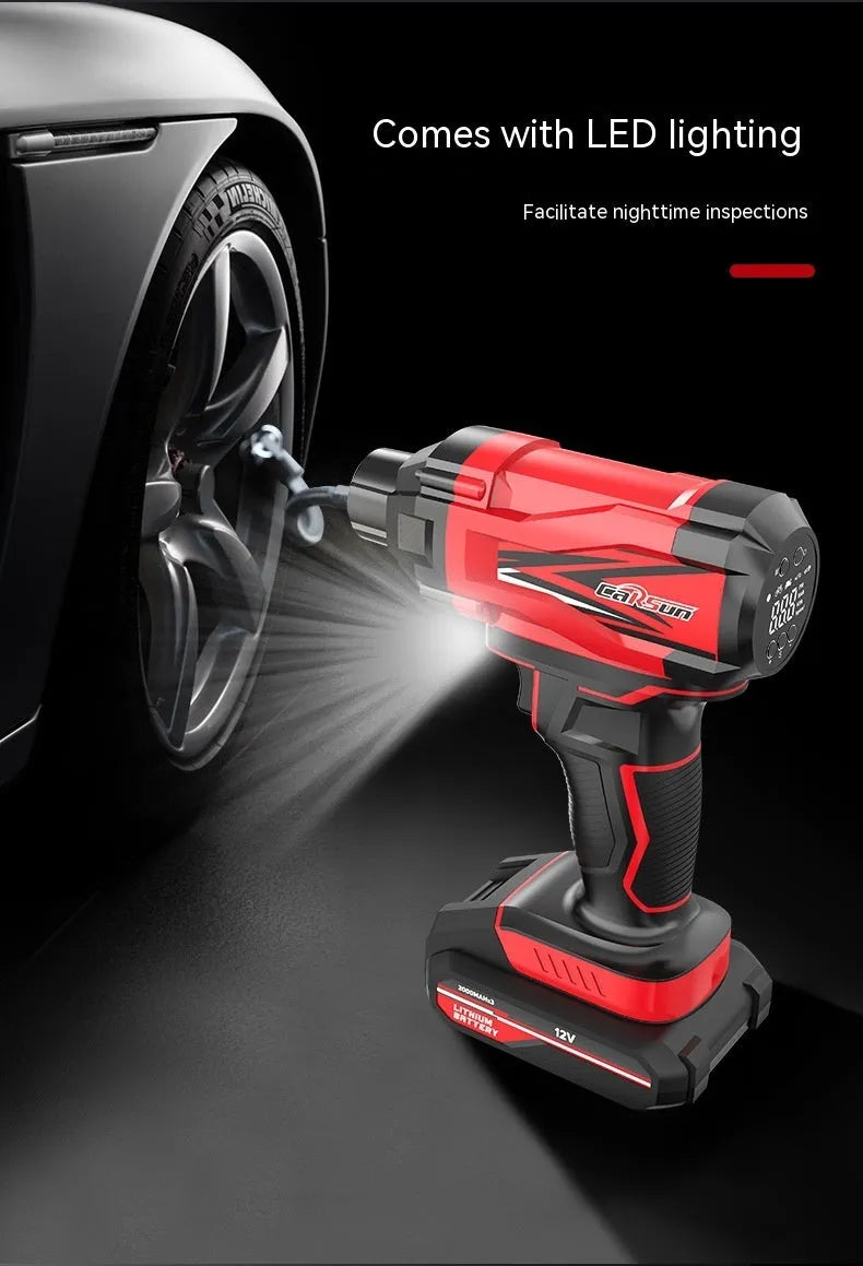 Red and black portable car tyre inflator with wireless charging and 12V cigarette lighter connection