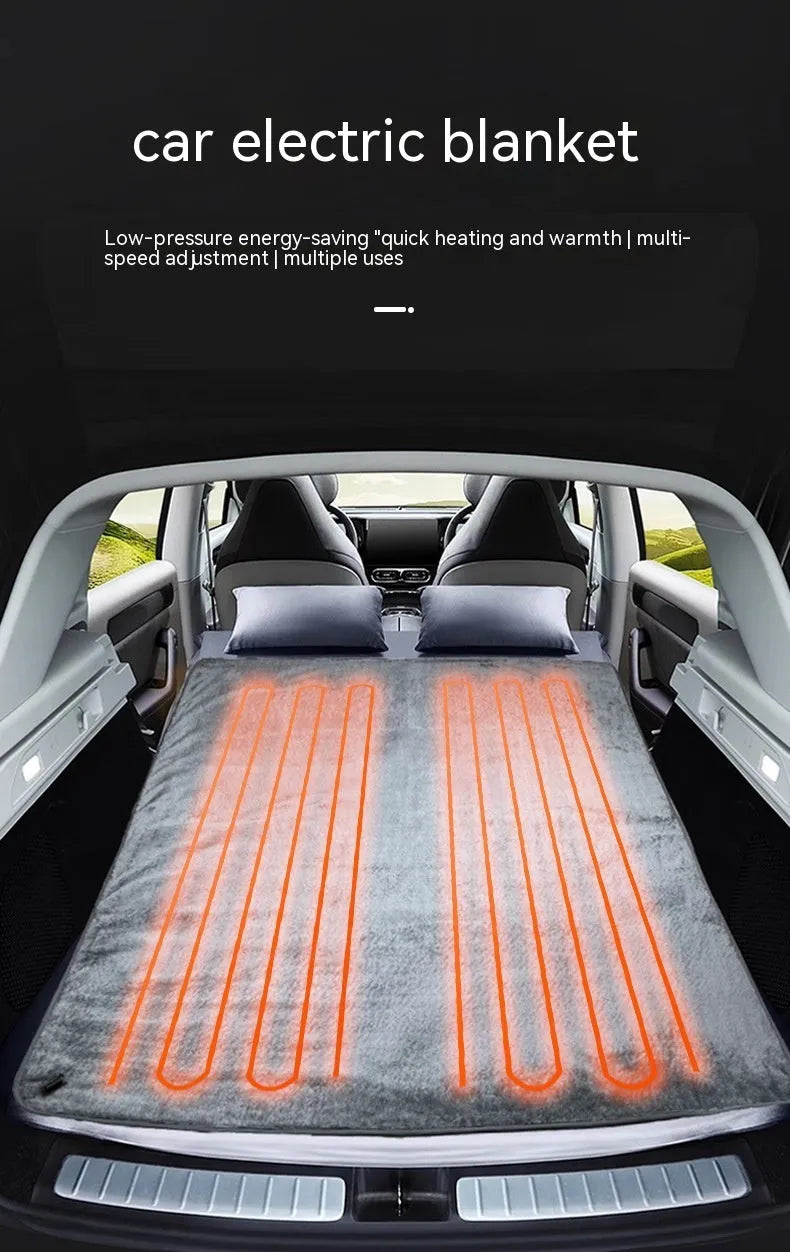 Grey 12V car electric blanket kneepad with cigarette lighter plug and temperature controller.