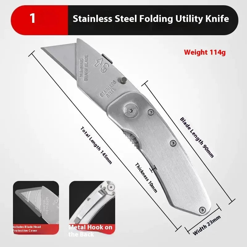Stainless steel folding art knife with black blade and spare blades