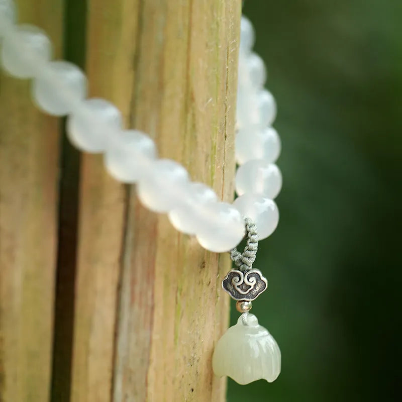 Women's S925 silver bracelet with white agate and Hetian jade stones in geometric national style design