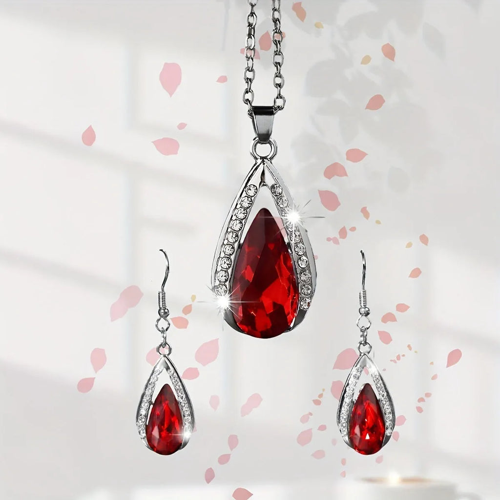 Black and red teardrop glass pendant necklace and matching earrings jewellery set