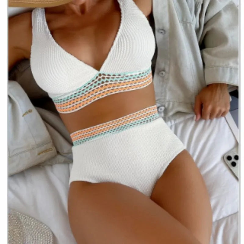 White high waist split bikini swimsuit on mannequin showing front and back views