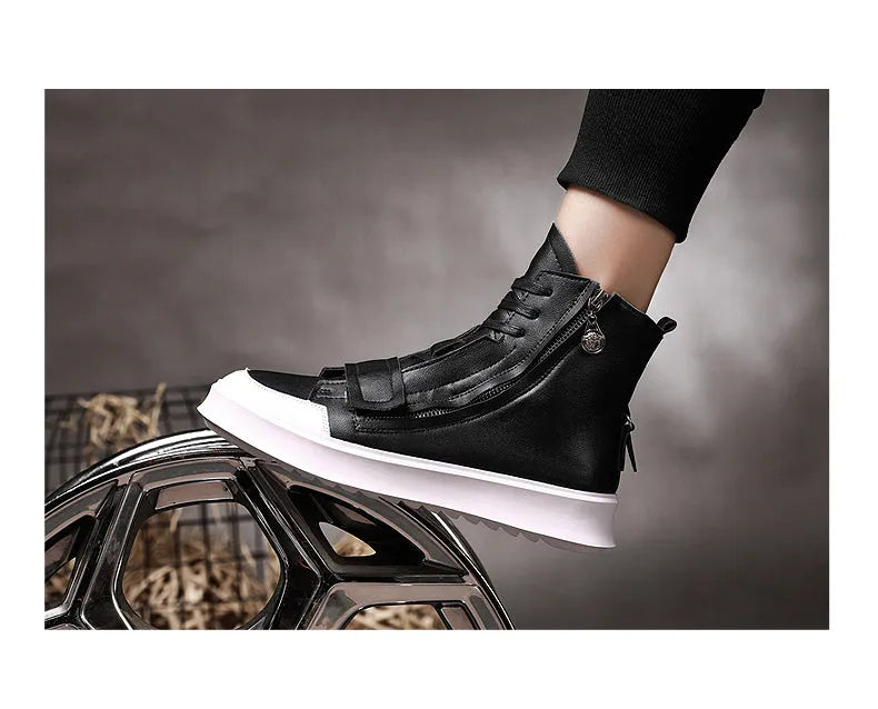 Men's black and white PU leather ankle boots in high-top sneaker style for winter