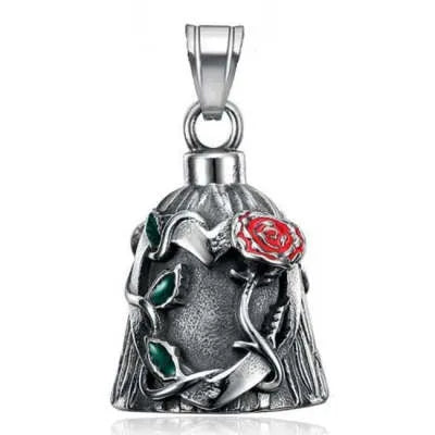 Titanium steel motorcycle lucky bell with polished vintage finish and double-sided epoxy rose design