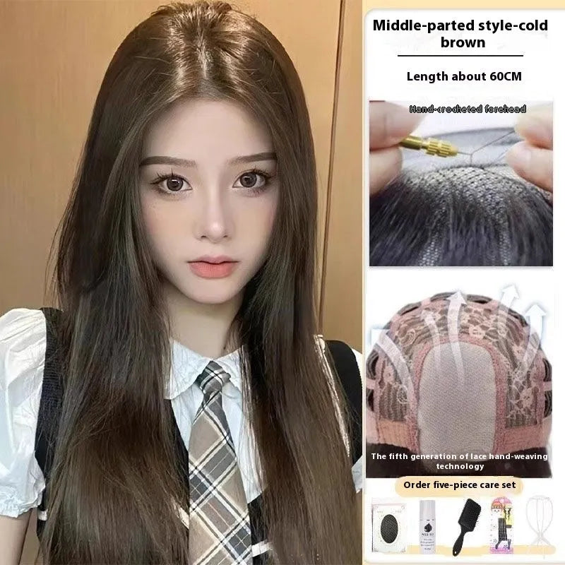 Forehead lace long straight full-head wig with side bangs in high temperature fibre material