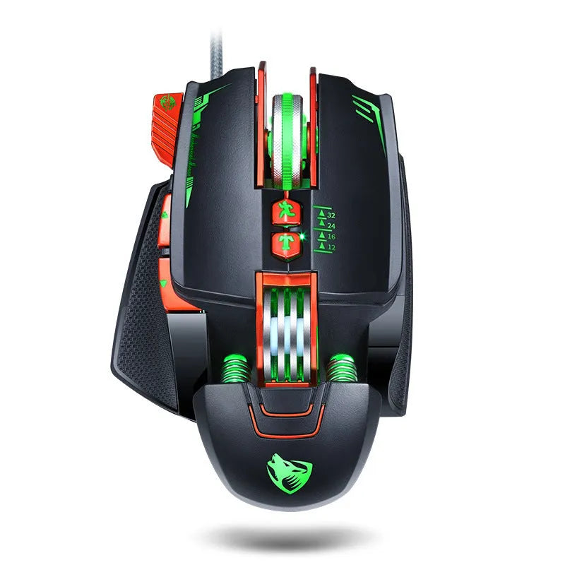 Thunder Wolf V9 black and grey wired gaming mouse on a desktop mat.