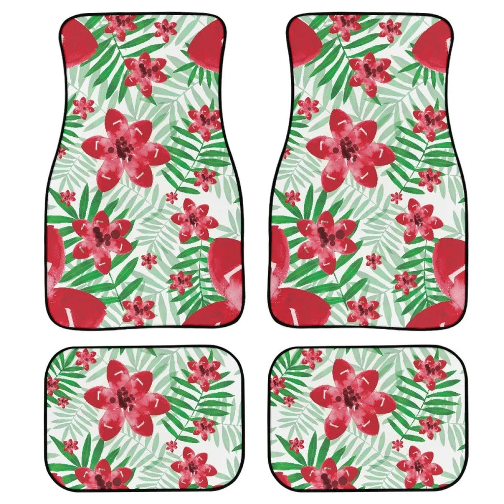 Black printed rubber car floor mat set showing front and rear pieces with textured surface.