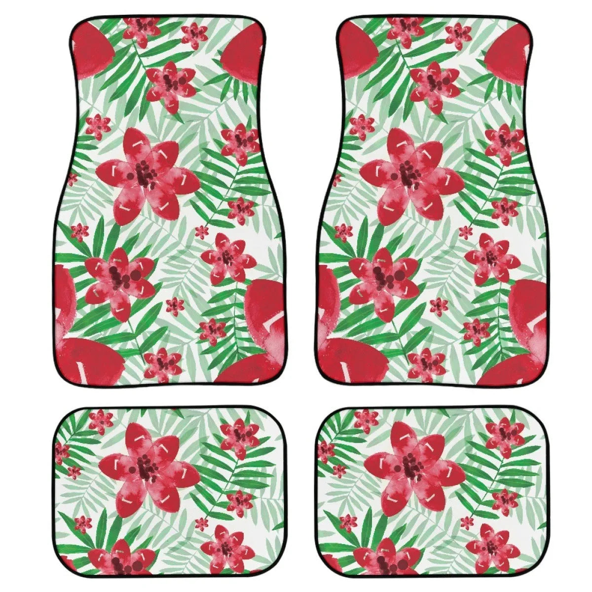 Black printed rubber car floor mat set showing front and rear pieces with textured surface.