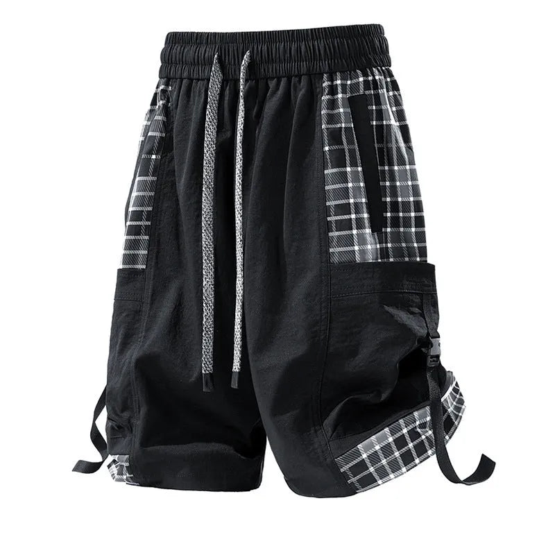 Men's loose plaid stitch cargo shorts in black, light grey, or smoky grey colours.