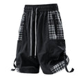 Men's loose plaid stitch cargo shorts in black, light grey, or smoky grey colours.