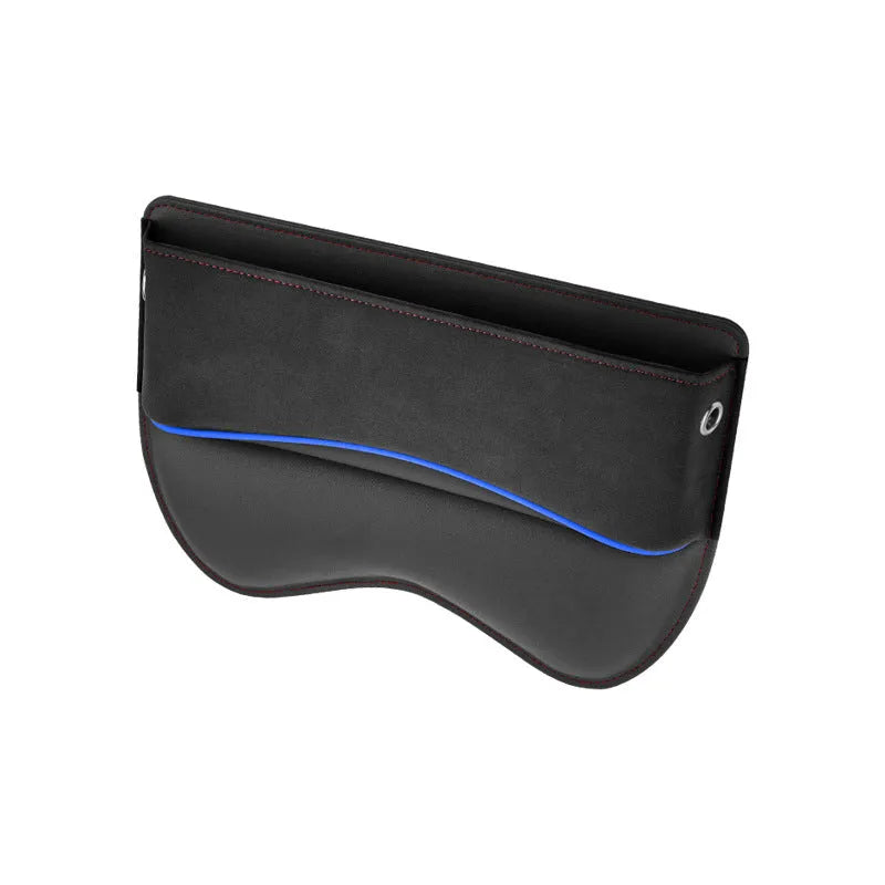 Leather car seat storage box in beige suede colour, shown on a car passenger seat.