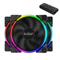 Three black 120mm RGB PC cooling fans with illuminated blades on dark background
