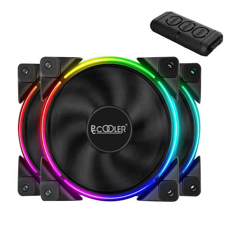 Three black 120mm RGB PC cooling fans with illuminated blades on dark background