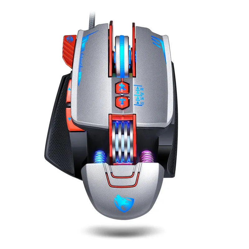 Thunder Wolf V9 black and grey wired gaming mouse on a desktop mat.