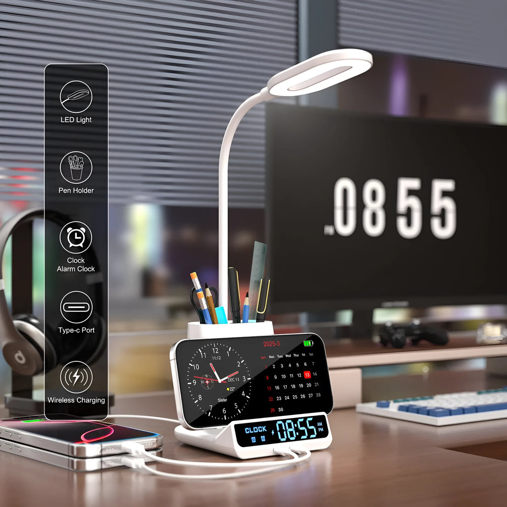 Modern wireless charging desk lamp with integrated pen holder and storage compartments