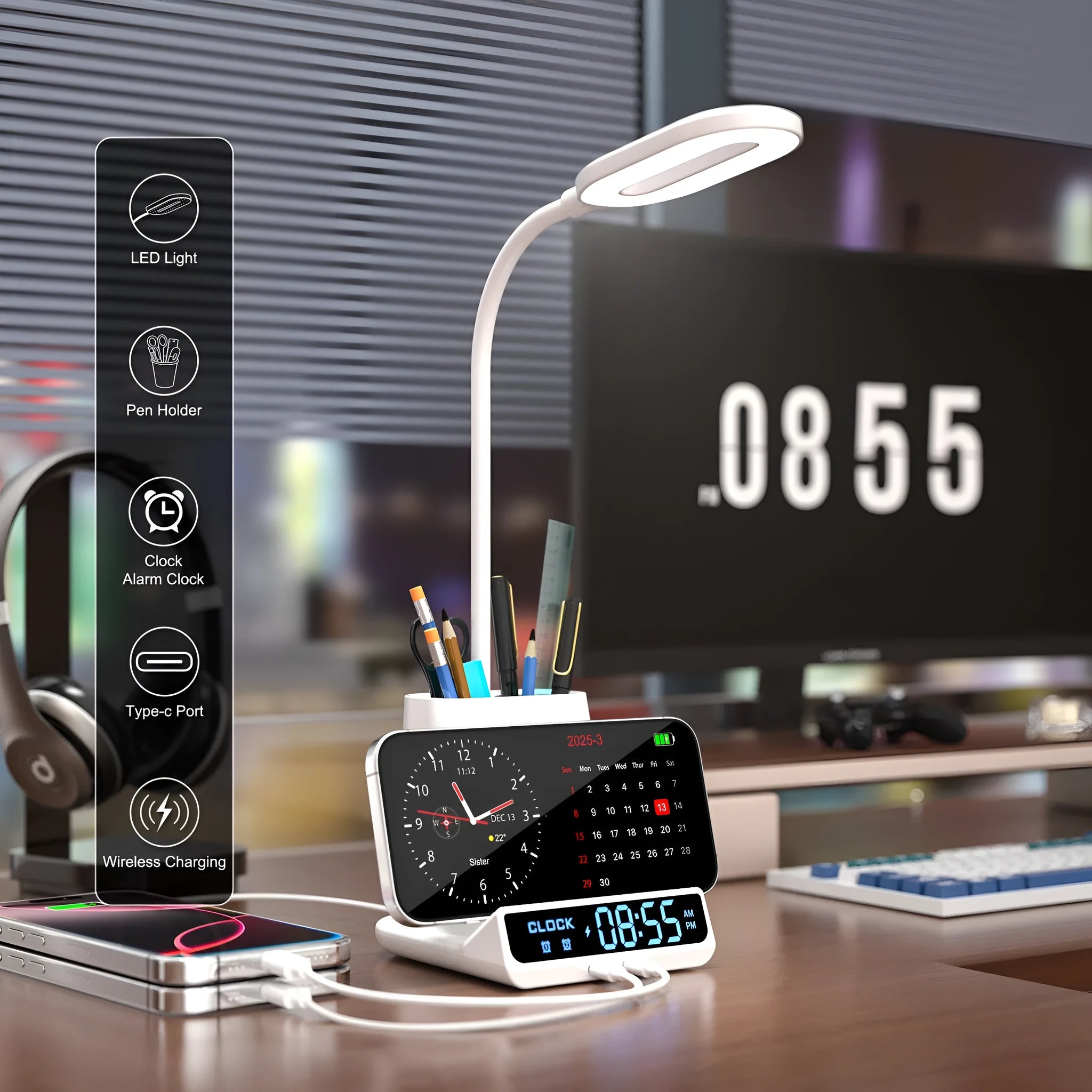 Modern wireless charging desk lamp with integrated pen holder and storage compartments