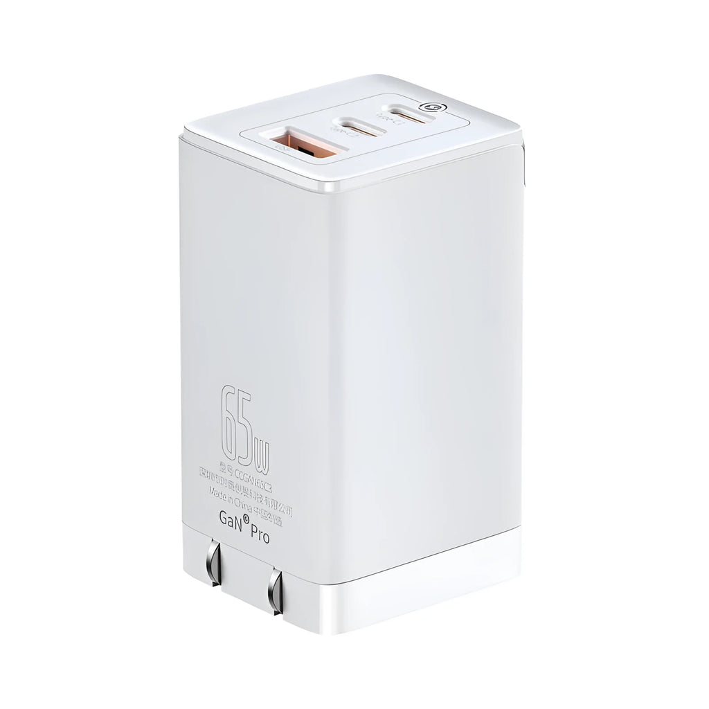 White dual-port USB C car charger with LED indicator light for in-vehicle phone charging.