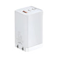 White dual-port USB C car charger with LED indicator light for in-vehicle phone charging.