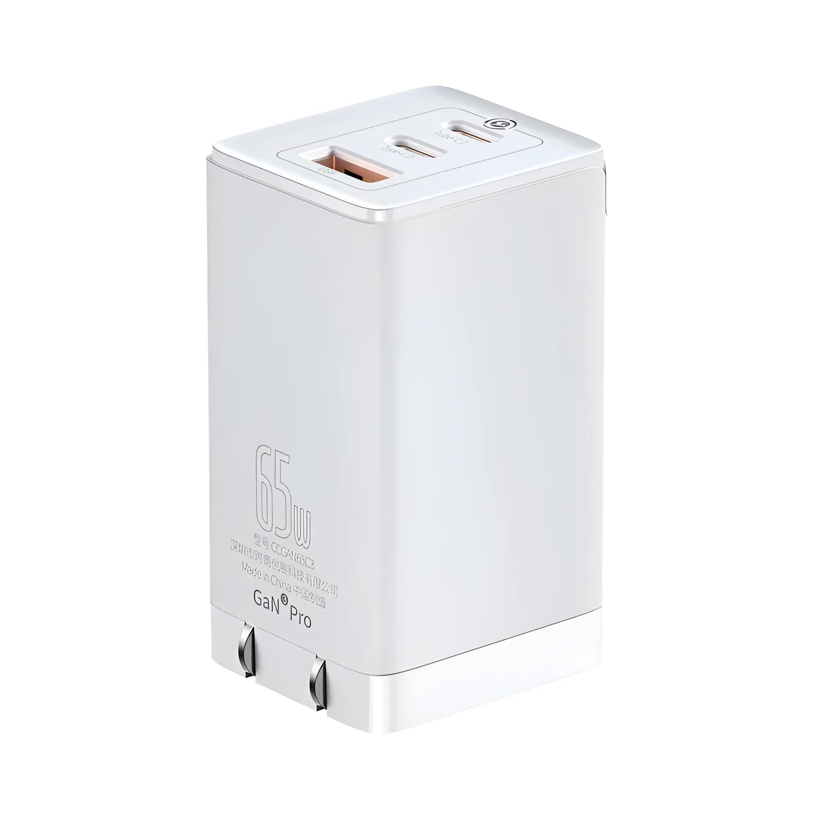 White dual-port USB C car charger with LED indicator light for in-vehicle phone charging.