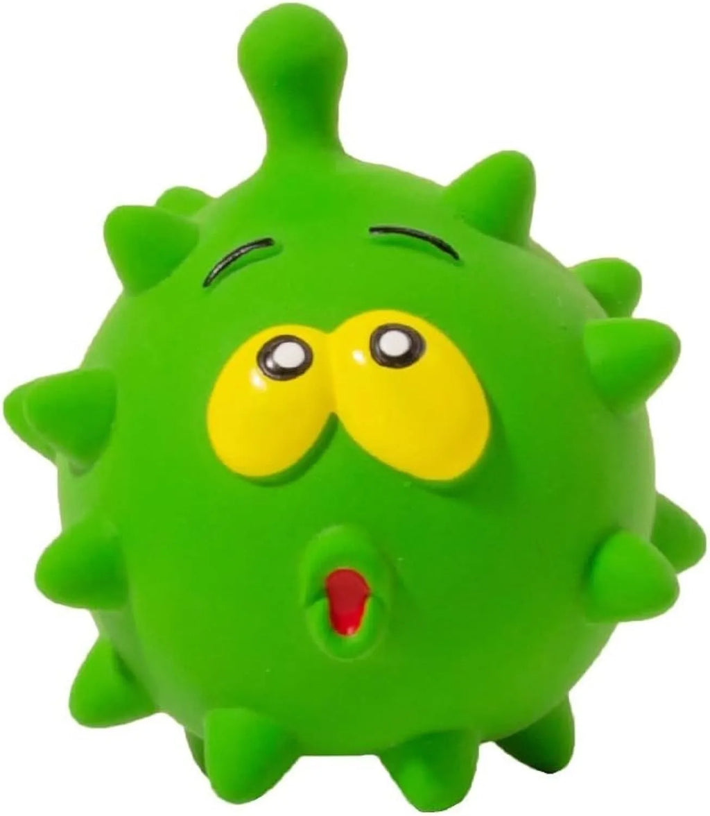 Set of four colourful natural latex squeaky dog balls with cute faces, shown with a dog.
