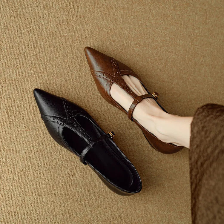 Brown women's cowhide leather flat shoes with round toe and soft sole