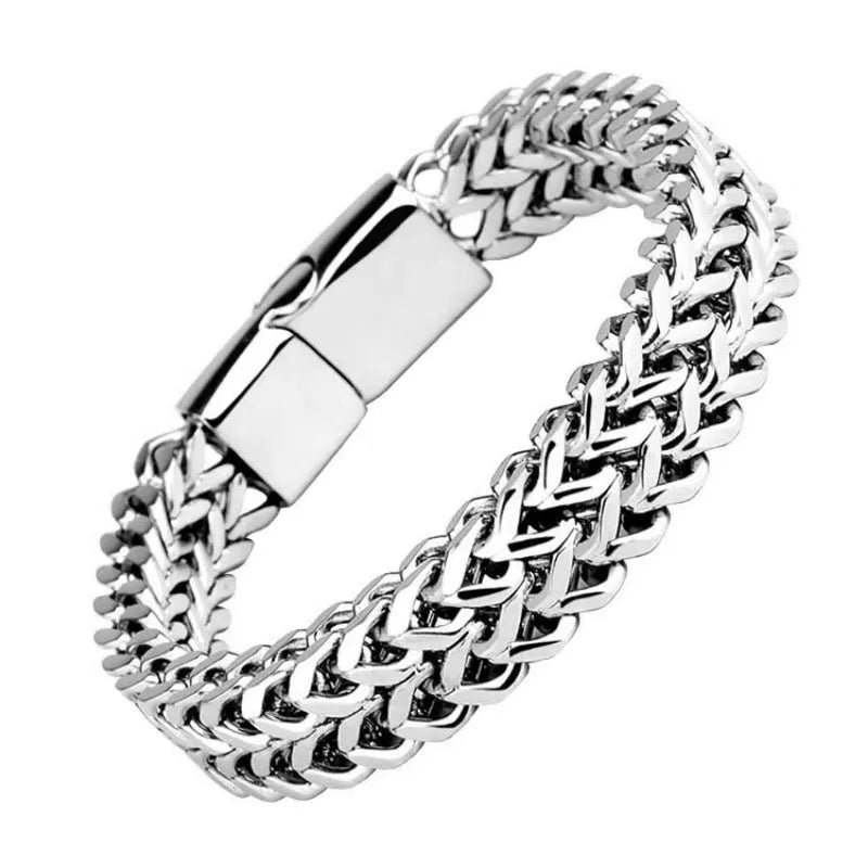 Silver titanium steel men's geometric hip hop bracelet shown on a wrist.