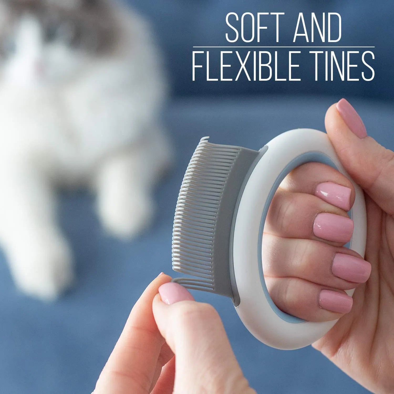 Blue pet grooming comb with ergonomic handle and soft teeth for cat and dog deshedding