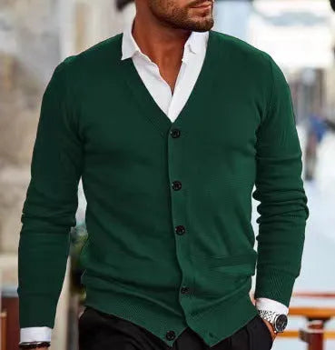 Men's slim-fit acrylic cardigan sweater coat in a choice of six colours.