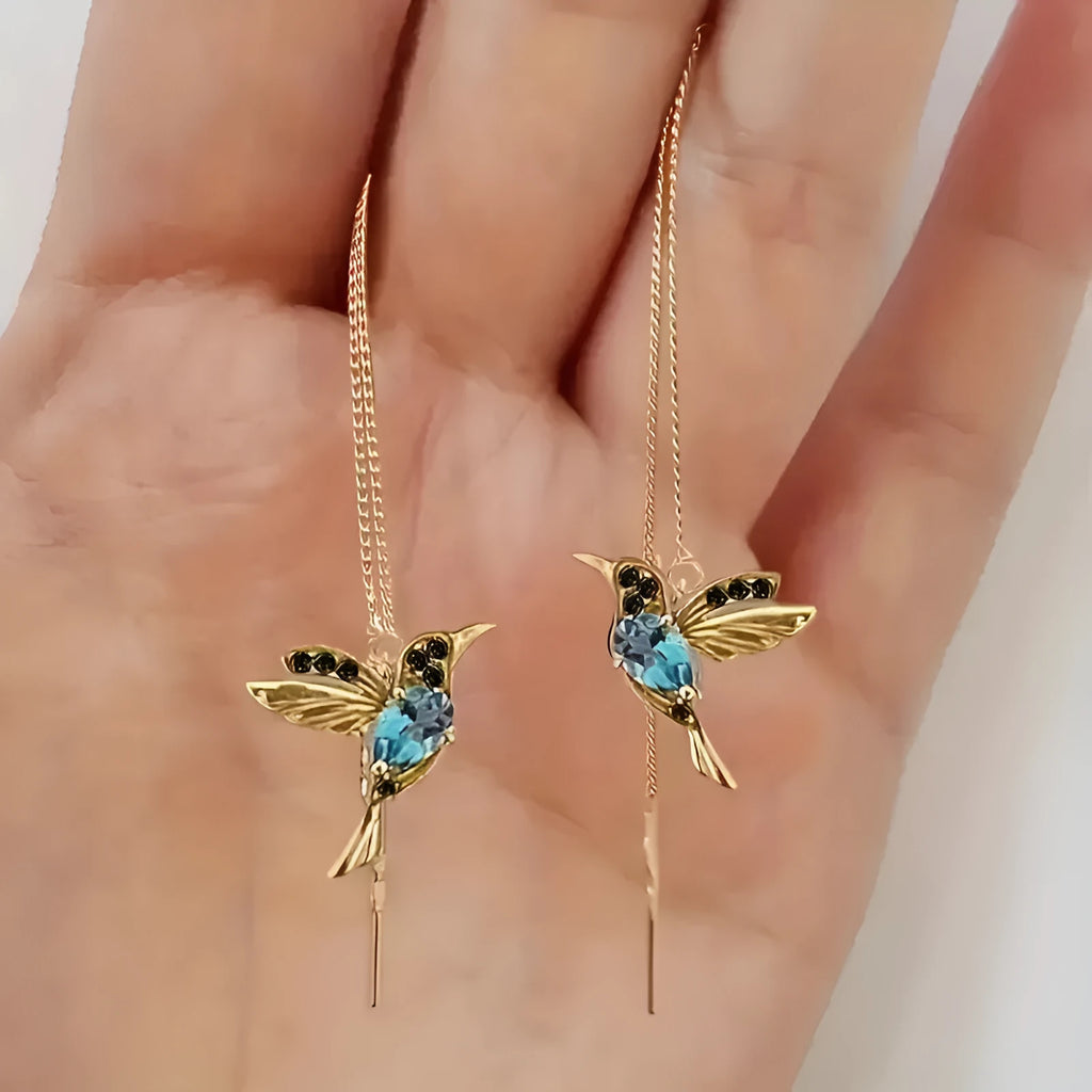 Long style bird hanging earrings with mixed zirconium wings in electroplated alloy construction