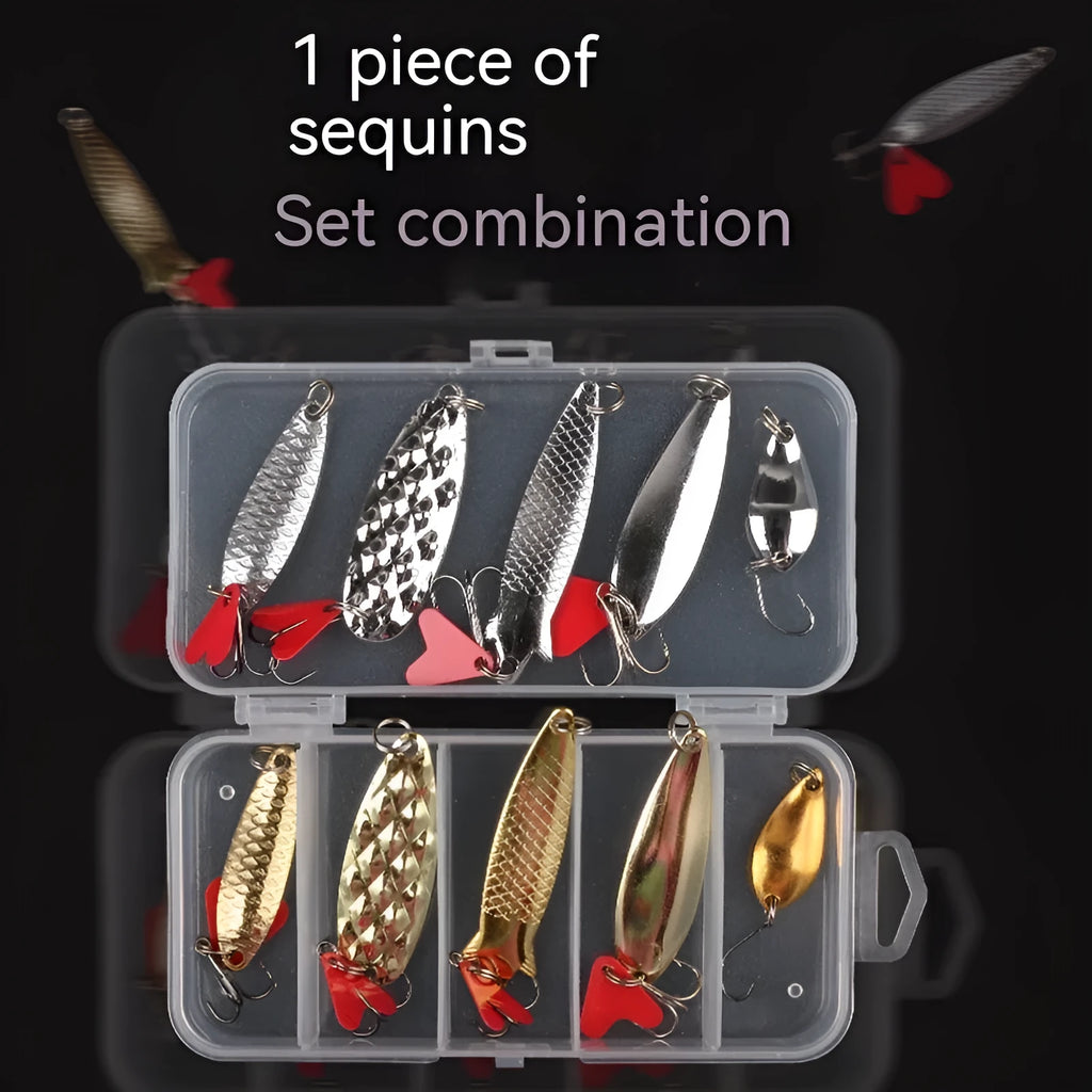 Box of pineapple sequin fishing lure crafting components with metal sequins and multi-colour fabric.