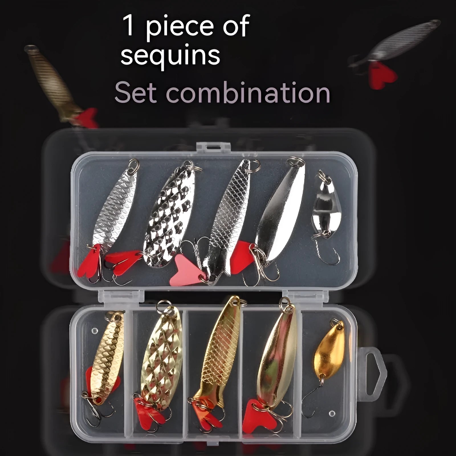 Box of pineapple sequin fishing lure crafting components with metal sequins and multi-colour fabric.