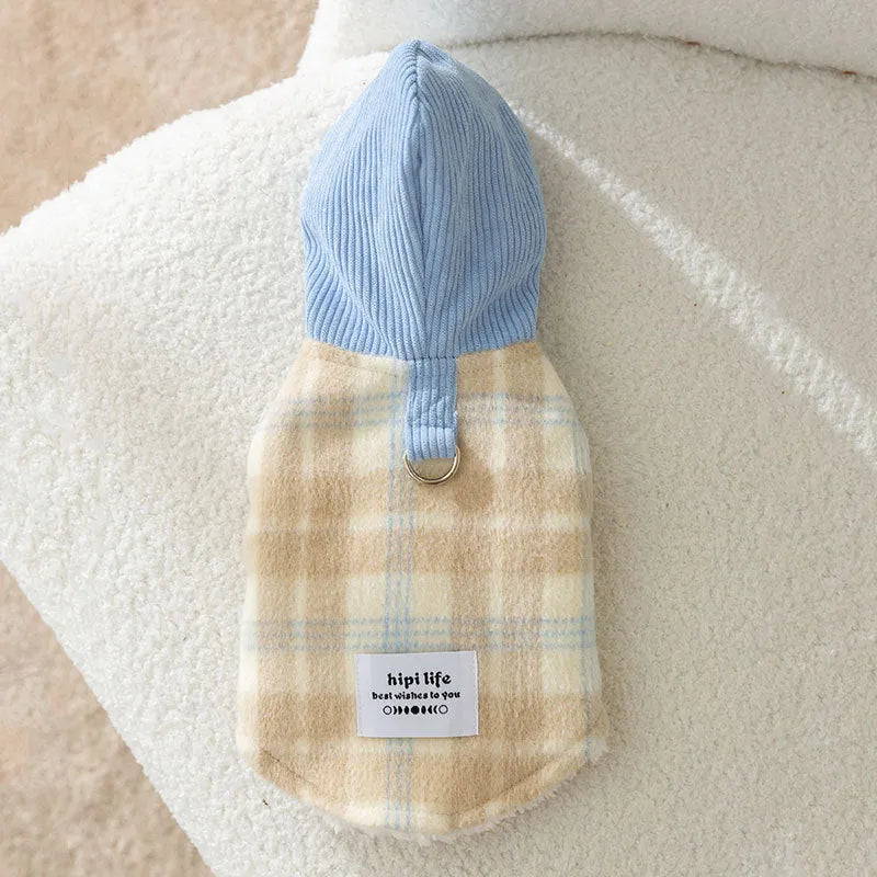 Blue corduroy pet hoodie with chessboard grid pattern and hood for dog autumn winter clothing