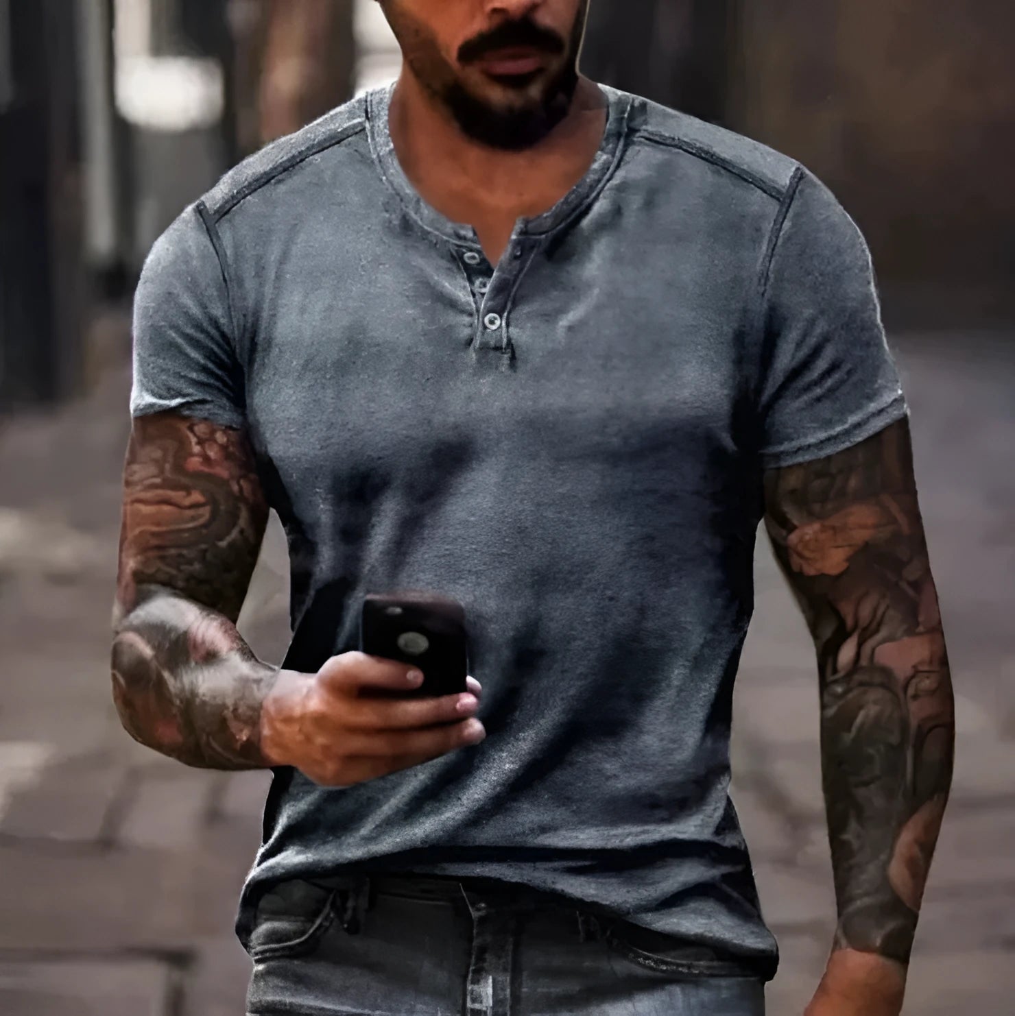 Men's short sleeve polyester sports shirt with lapel buttons in a solid colour