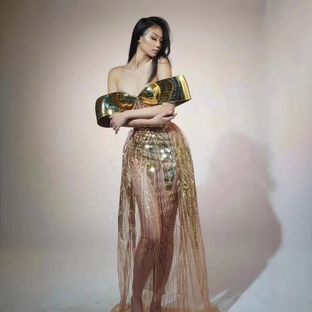 Gold strapless sequined tulle dress with thigh-high split and tube top for women's formal evening wear