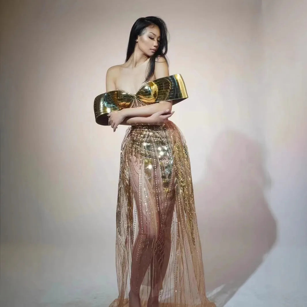 Gold strapless sequined tulle dress with thigh-high split and tube top for women's formal evening wear