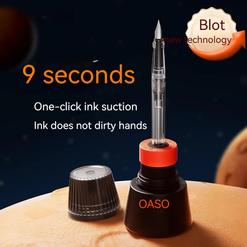 Student automatic suction pen set with 0.5mm and 0.38mm nibs, ink feeder, and handbag on a desk.