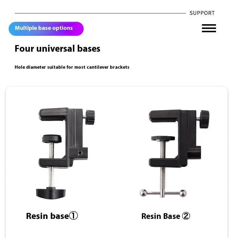 Black foldable metal cantilever bracket holding a tablet on a desktop.